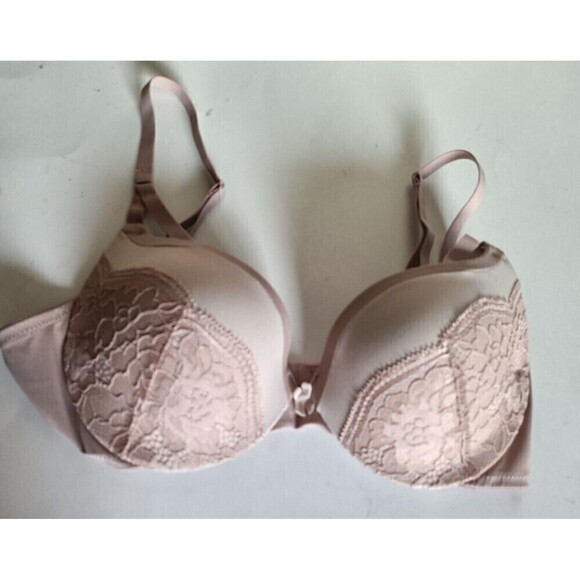 Maidenform Bra Size 34 B  Nude Push Up Padded Lace Plunge Bow - Picture 1 of 7